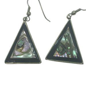 Mexico Alpaca Silver Triangle Earrings Abalone Shell Black Inlaid Vintage Estate